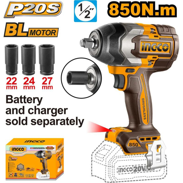 Аккумуляторный ударный гайковерт 20В Li-ion, б/щ 850 Нм INGCO CIWLI20851 INDUSTRIAL в Екатеринбурге