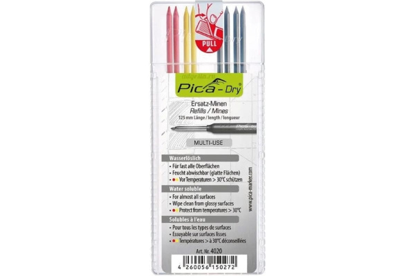 Набор грифелей для карандаша PICA  Dry 8шт. 4 графитовых  2В, 2 красных, 2 жёлтых.  4020