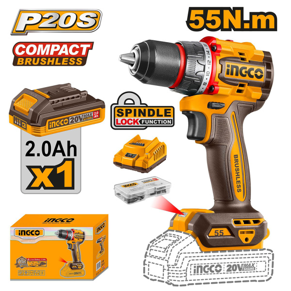 Шуруповерт аккумуляторный INGCO INDUSTRIAL 55 Нм 20В, б/щ  CDLI205582 в Екатеринбурге