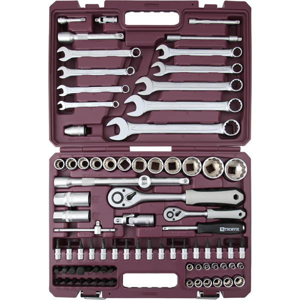Набор инструмента THORVIK 1/4", 1/2"DR с головками торцевыми 12-гранными, 82пр.  054008