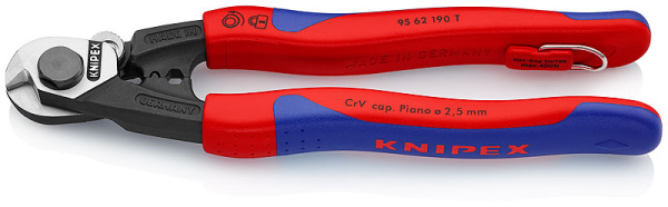 Тросорез KNIPEX рез: кабель d 7 мм, трос d 5 мм, провол. ср. d 4 мм,роял. струна d 2.5 мм,L-190 мм,обжим б KN-9562190TBK