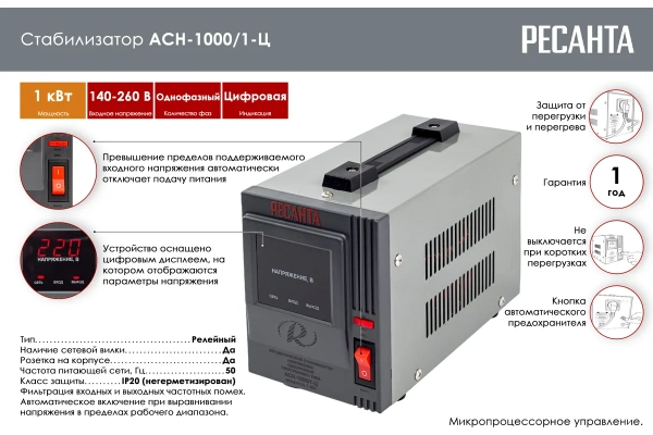 Стабилизатор Ресанта АСН- 1 000/1-Ц 63/6/2 в Екатеринбурге